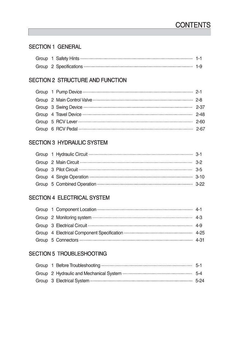 Puede incluir: Tabla de contenidos de un manual t&eacute;cnico. Texto negro sobre fondo blanco. Las secciones incluyen General, Estructura y Funci&oacute;n, Sistema Hidr&aacute;ulico, Sistema El&eacute;ctrico y Soluci&oacute;n de problemas. Se indican los n&uacute;meros de p&aacute;gina.