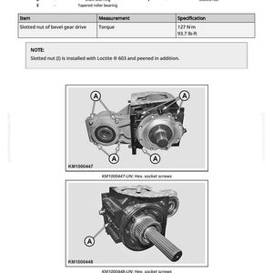 May include: Technical diagram of a mechanical component, featuring detailed illustrations and labels. The diagram includes specifications for torque, measured in lb-ft and N&sdot;m, and instructions for removing hex socket screws. The image also includes part numbers and a legend.
