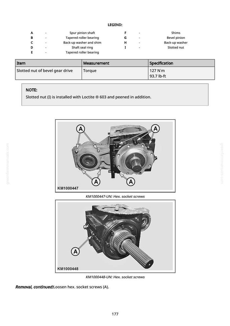 May include: Technical diagram of a mechanical component, featuring detailed illustrations and labels. The diagram includes specifications for torque, measured in lb-ft and N&sdot;m, and instructions for removing hex socket screws. The image also includes part numbers and a legend.