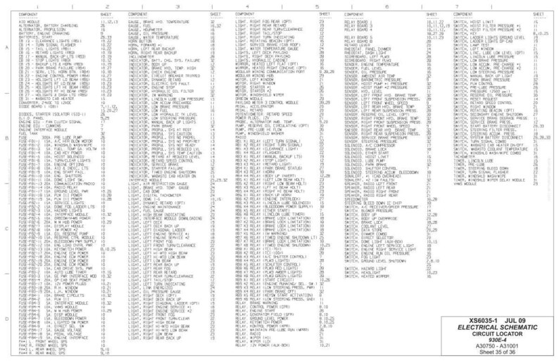 May include: A detailed electrical schematic diagram, labeled "XS6035-1 JUL 09 ELECTRICAL SCHEMATIC CIRCUIT LOCATOR 830E-4". The diagram is a black and white print with numerous components and their corresponding numbers.
