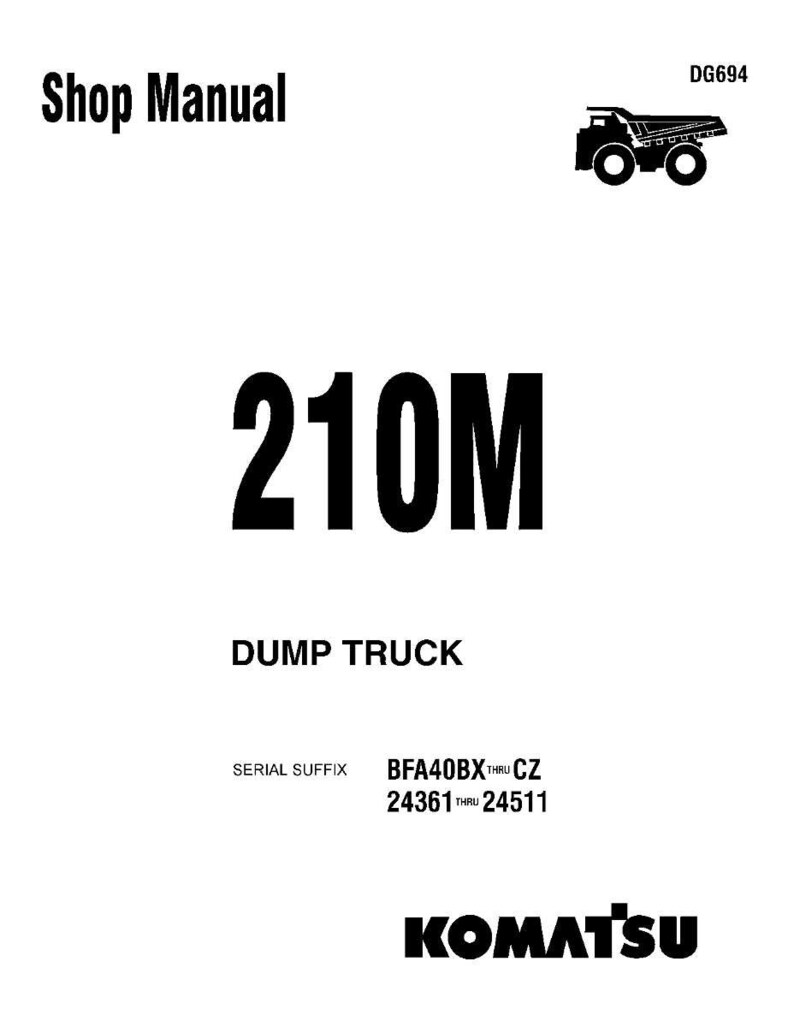 Może przedstawiać: Biała okładka instrukcji warsztatowej z napisem "Shop Manual" u g&oacute;ry. Instrukcja zawiera pogrubiony tekst "210M" i "DUMP TRUCK". Logo Komatsu znajduje się na dole, z czarną grafiką wywrotki.