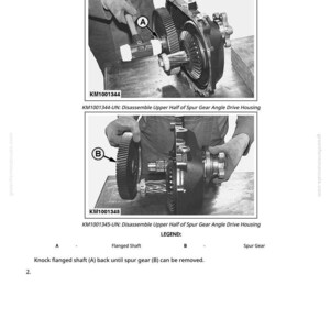 May include: Black and white diagram illustrating the disassembly of a spur gear angle drive housing. The image shows two steps with close-up views of the mechanical components, including a flanged shaft and spur gear. Text labels and part numbers are included.