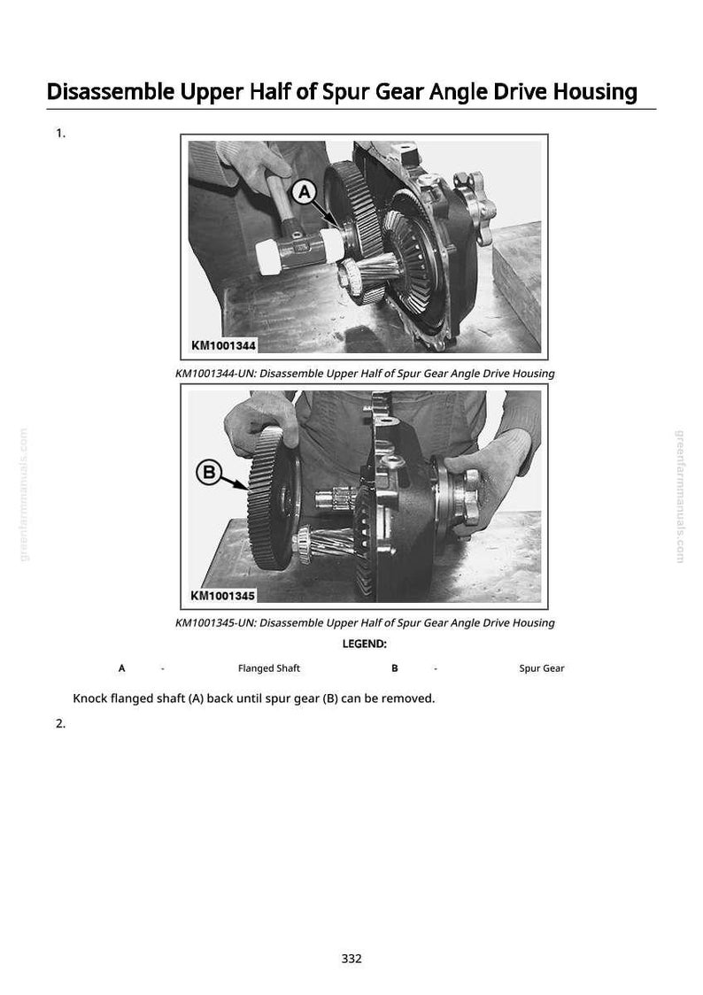 May include: Black and white diagram illustrating the disassembly of a spur gear angle drive housing. The image shows two steps with close-up views of the mechanical components, including a flanged shaft and spur gear. Text labels and part numbers are included.
