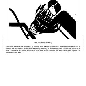 Op de afbeelding: Zwart-wit illustratie die waarschuwt voor verwarming in de buurt van hogedruk vloeistofleidingen. De afbeelding toont een persoon die in de buurt van een pijp last, met vlammen en de tekst "Avoid Heating Near Pressurized Fluid Lines".