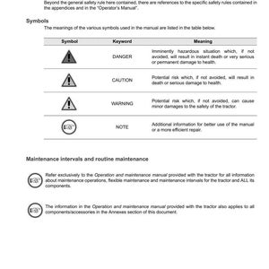 May include: A page from a tractor maintenance manual. The manual includes safety symbols with keywords like "Danger" and "Caution", and descriptions of their meanings. It also details maintenance intervals and refers to the operator's manual for more information.