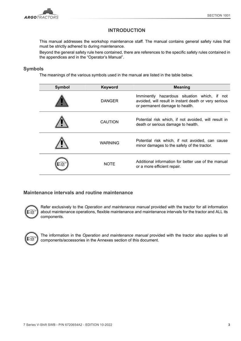 May include: A page from a tractor maintenance manual. The manual includes safety symbols with keywords like "Danger" and "Caution", and descriptions of their meanings. It also details maintenance intervals and refers to the operator's manual for more information.