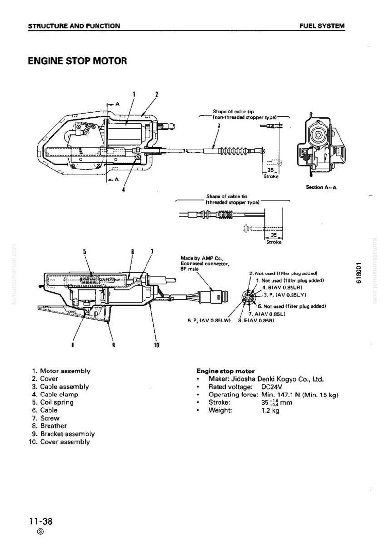 May include: Diagram of an engine stop motor, labeled with parts and specifications. Includes a motor assembly, cable assembly, and other components. The text indicates the maker, voltage, operating force, stroke (35 mm), and weight (1.2 kg).