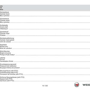 Peut inclure: Une page de manuel technique avec une table des mati&egrave;res en allemand, anglais et fran&ccedil;ais. La table r&eacute;pertorie les composants du moteur tels que le bloc-cylindres, le vilebrequin et la pompe &agrave; huile, avec les num&eacute;ros de page correspondants.