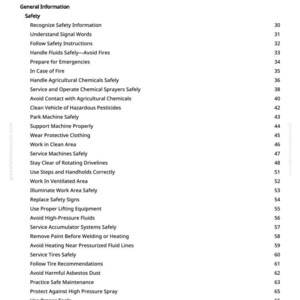 May include: A white page titled "Table of Contents" from a manual. The table lists safety topics such as "Handle Fluids Safely," "Wear Protective Clothing," and "Avoid Harmful Asbestos Dust." Page numbers are on the right.
