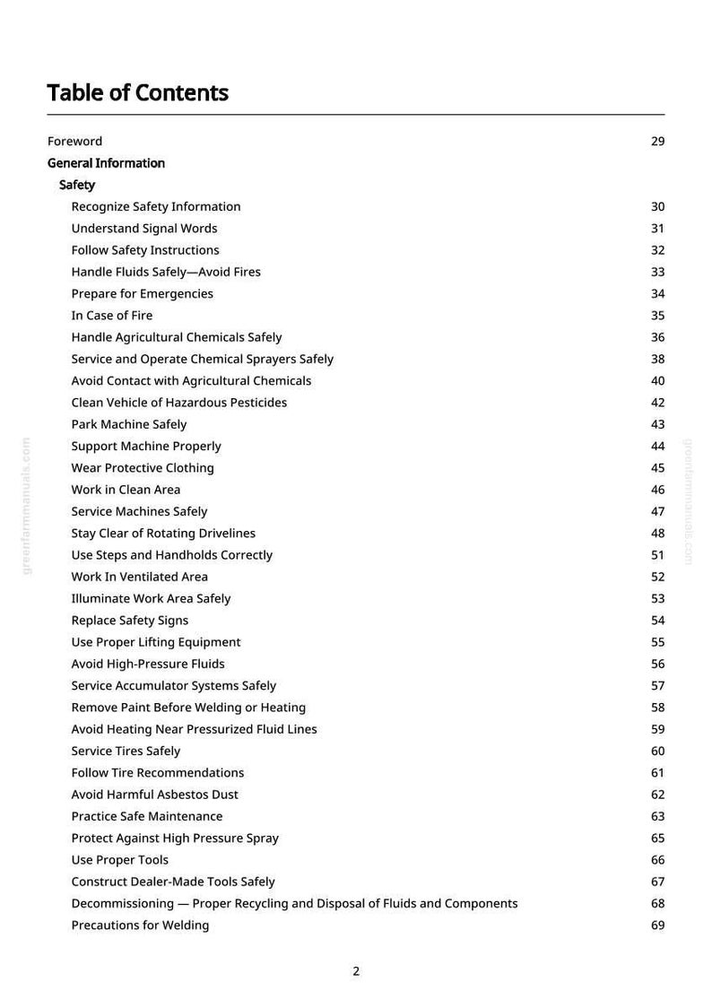 May include: A white page titled "Table of Contents" from a manual. The table lists safety topics such as "Handle Fluids Safely," "Wear Protective Clothing," and "Avoid Harmful Asbestos Dust." Page numbers are on the right.