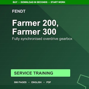 May include: A digital document with a dark green background. The Fendt logo is at the top, with the text "Farmer 200, Farmer 300" in white. Below, it reads "Fully synchronised overdrive gearbox." A green button says "SERVICE TRAINING."