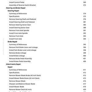 K&ouml;nnte beinhalten: Eine Seite aus einem Handbuch mit Reparaturanweisungen. Der Text listet Aufgaben wie das Entfernen und Installieren von Komponenten im Zusammenhang mit Lenkung, Bremsen und Anbauteilen auf. Enth&auml;lt Anweisungen wie "Transaxle entfernen" und "M&auml;hwerkbremse einbauen".