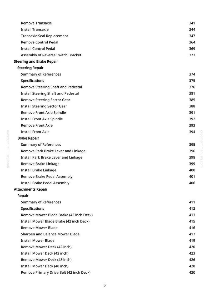 K&ouml;nnte beinhalten: Eine Seite aus einem Handbuch mit Reparaturanweisungen. Der Text listet Aufgaben wie das Entfernen und Installieren von Komponenten im Zusammenhang mit Lenkung, Bremsen und Anbauteilen auf. Enth&auml;lt Anweisungen wie "Transaxle entfernen" und "M&auml;hwerkbremse einbauen".