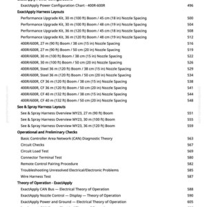 May include: A detailed table of contents from a manual, listing electrical system components, configurations, and operational checks. Includes specifications for ExactApply harness layouts, with measurements in feet and inches.