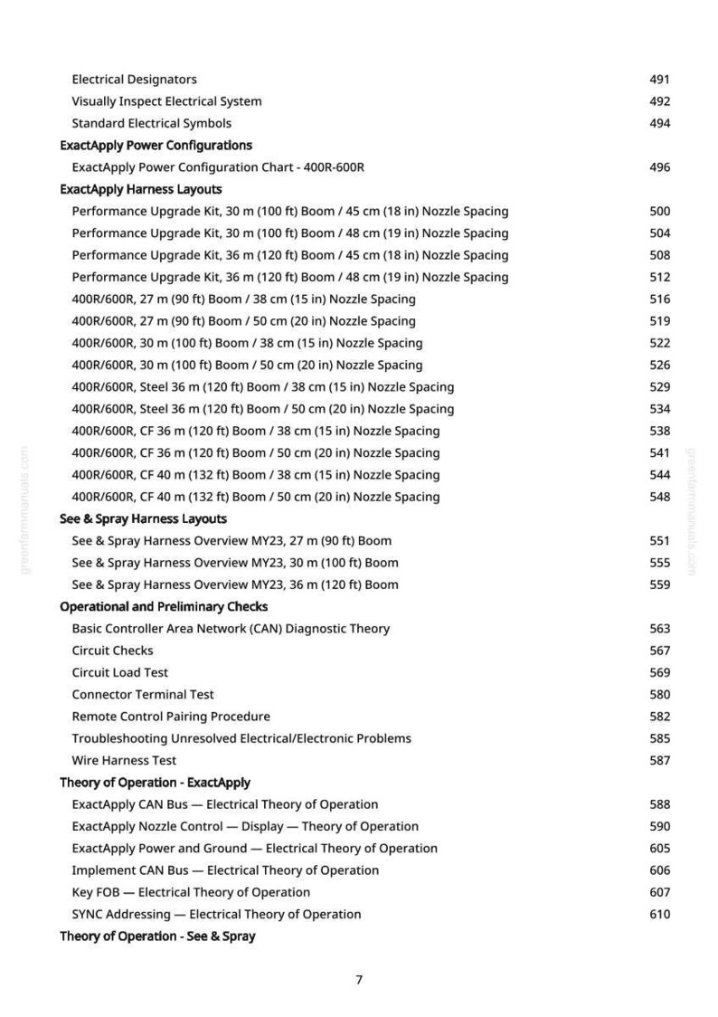 May include: A detailed table of contents from a manual, listing electrical system components, configurations, and operational checks. Includes specifications for ExactApply harness layouts, with measurements in feet and inches.