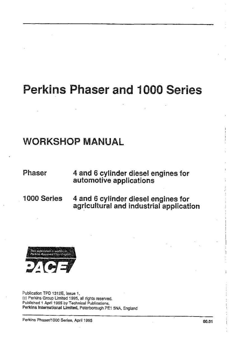 May include: A workshop manual for Perkins Phaser and 1000 Series engines. The manual details 4 and 6 cylinder diesel engines for automotive, agricultural, and industrial applications. The cover displays the title and the PACE logo. Published in 1995.