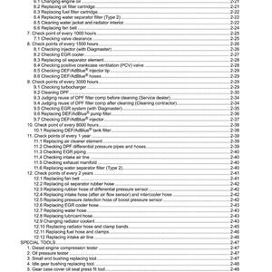 Puede incluir: P&aacute;gina de documento en blanco y negro con una lista de procedimientos de mantenimiento para un motor di&eacute;sel. El texto incluye elementos como "Reemplazo del filtro de aceite" y "Verificaci&oacute;n de la holgura de la v&aacute;lvula".