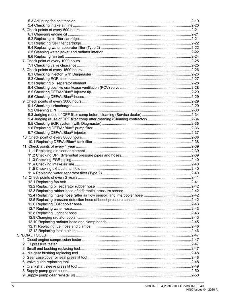 Puede incluir: P&aacute;gina de documento en blanco y negro con una lista de procedimientos de mantenimiento para un motor di&eacute;sel. El texto incluye elementos como "Reemplazo del filtro de aceite" y "Verificaci&oacute;n de la holgura de la v&aacute;lvula".