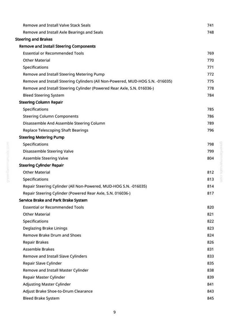 May include: A page from a manual detailing steering and brake repair procedures. The text includes topics like removing and installing steering components, repairing cylinders, and servicing brake systems. The page number is 9.