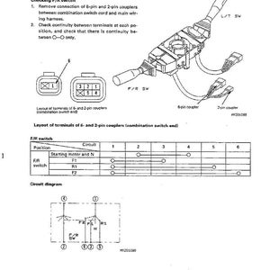 May include: Diagram of a combination switch with wiring and connectors, including a 6-pin and a 2-pin coupler. The diagram includes a table showing circuit positions and a circuit diagram.