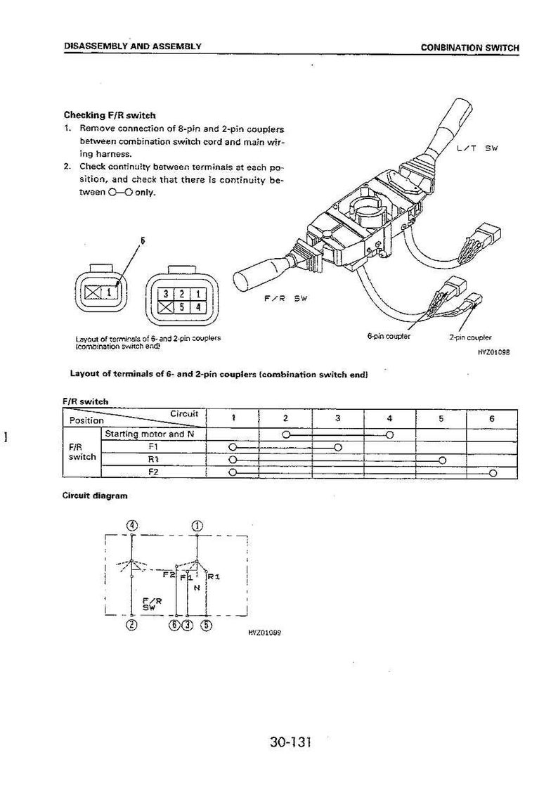 May include: Diagram of a combination switch with wiring and connectors, including a 6-pin and a 2-pin coupler. The diagram includes a table showing circuit positions and a circuit diagram.