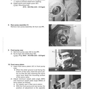 May include: Diagram of hydraulic pump disassembly and assembly instructions. Includes images of various pump components, such as bolts, shims, and the front servo piston. Text provides step-by-step guidance for maintenance.