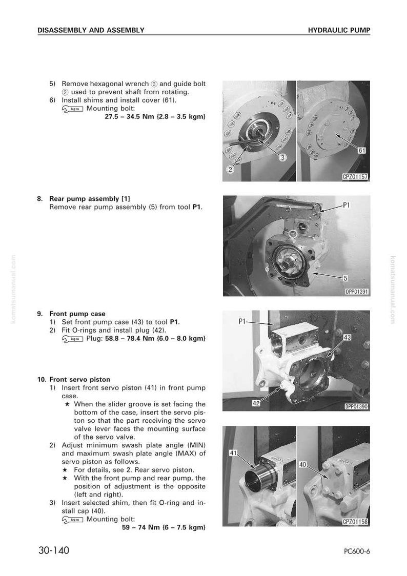 May include: Diagram of hydraulic pump disassembly and assembly instructions. Includes images of various pump components, such as bolts, shims, and the front servo piston. Text provides step-by-step guidance for maintenance.