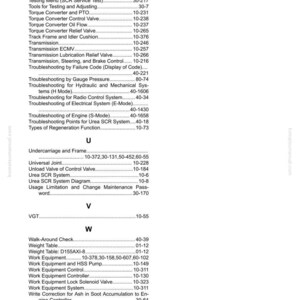 May include: Index page from a Komatsu manual, featuring a list of technical terms and page numbers. The text includes terms like "Torque Converter," "Transmission," and "Work Equipment." The page number "23" is visible.