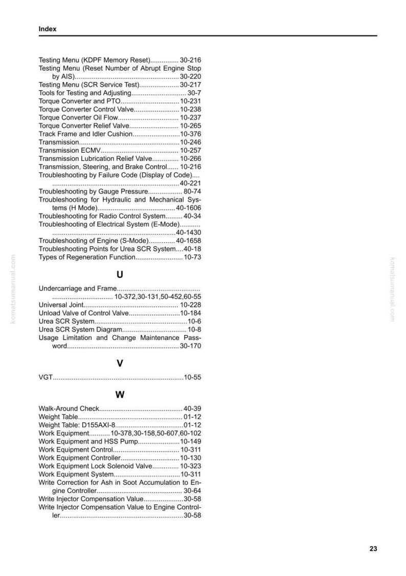 May include: Index page from a Komatsu manual, featuring a list of technical terms and page numbers. The text includes terms like "Torque Converter," "Transmission," and "Work Equipment." The page number "23" is visible.