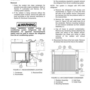 Pu&ograve; includere: Schema di un sistema di raffreddamento con componenti etichettati, tra cui un gruppo radiatore, un condensatore e tubi flessibili. Le istruzioni dettagliano i passaggi di rimozione, con avvertenze sulla manipolazione del refrigerante. La figura 3-1 mostra la posizione del ricevitore/essiccatore.