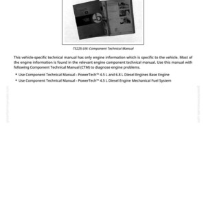 Puede incluir: Un manual t&eacute;cnico titulado "Informaci&oacute;n del motor" con el texto "TS225-UN: Manual t&eacute;cnico de componentes". El manual est&aacute; abierto, revelando diagramas y texto. El documento proporciona informaci&oacute;n sobre motores di&eacute;sel.