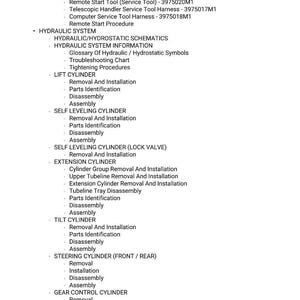 K&ouml;nnte beinhalten: Ein wei&szlig;es Dokument mit technischen Begriffen und Verfahren zur Reparatur und Wartung von Maschinen. Es enth&auml;lt Abschnitte zu Fernstartwerkzeugen, Hydrauliksystemen und verschiedenen Zylindern.