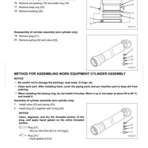 May include: Diagram of work equipment cylinder assembly with labels for disassembly and assembly steps. Includes illustrations of cylinder components, O-rings, and plugs. Text includes torque specifications in Newton meters and kgm.