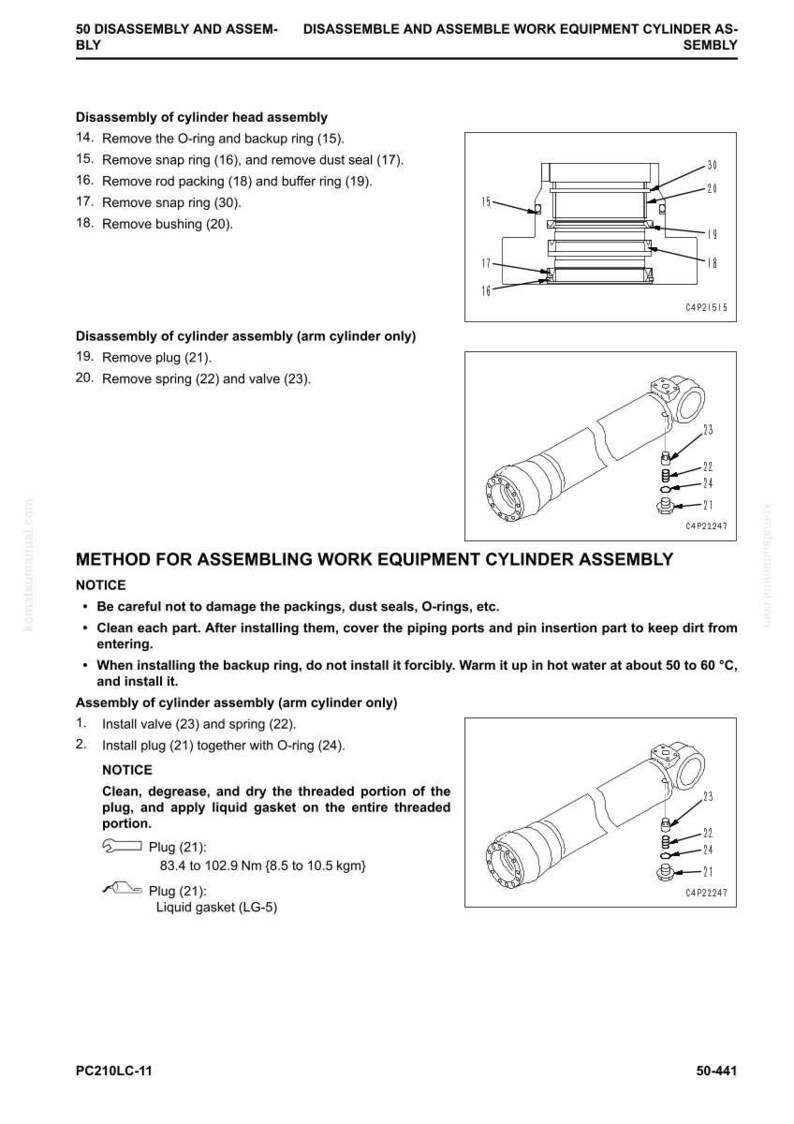 May include: Diagram of work equipment cylinder assembly with labels for disassembly and assembly steps. Includes illustrations of cylinder components, O-rings, and plugs. Text includes torque specifications in Newton meters and kgm.