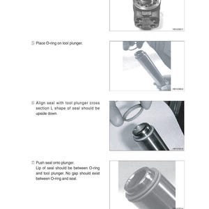May include: A technical diagram with step-by-step instructions for assembling a mechanical component. The images show a tool sleeve, O-ring, and plunger. The text includes instructions for inserting, placing, aligning, and pushing the parts together.