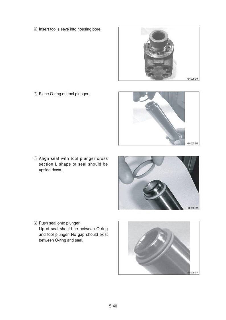 May include: A technical diagram with step-by-step instructions for assembling a mechanical component. The images show a tool sleeve, O-ring, and plunger. The text includes instructions for inserting, placing, aligning, and pushing the parts together.