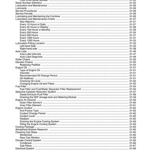 May include: A detailed table of contents from a manual, listing various maintenance and service procedures. The text includes sections on lubrication, engine components, and cooling systems, with corresponding page numbers.