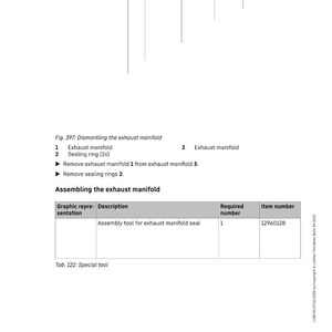 K&ouml;nnte beinhalten: Technische Zeichnung zur Reparatur des Abgaskr&uuml;mmers. Das Bild zeigt Teilenummern, Montageanweisungen und eine Tabelle mit Details zum Montagewerkzeug f&uuml;r die Abgaskr&uuml;mmerdichtung und deren Artikelnummer.