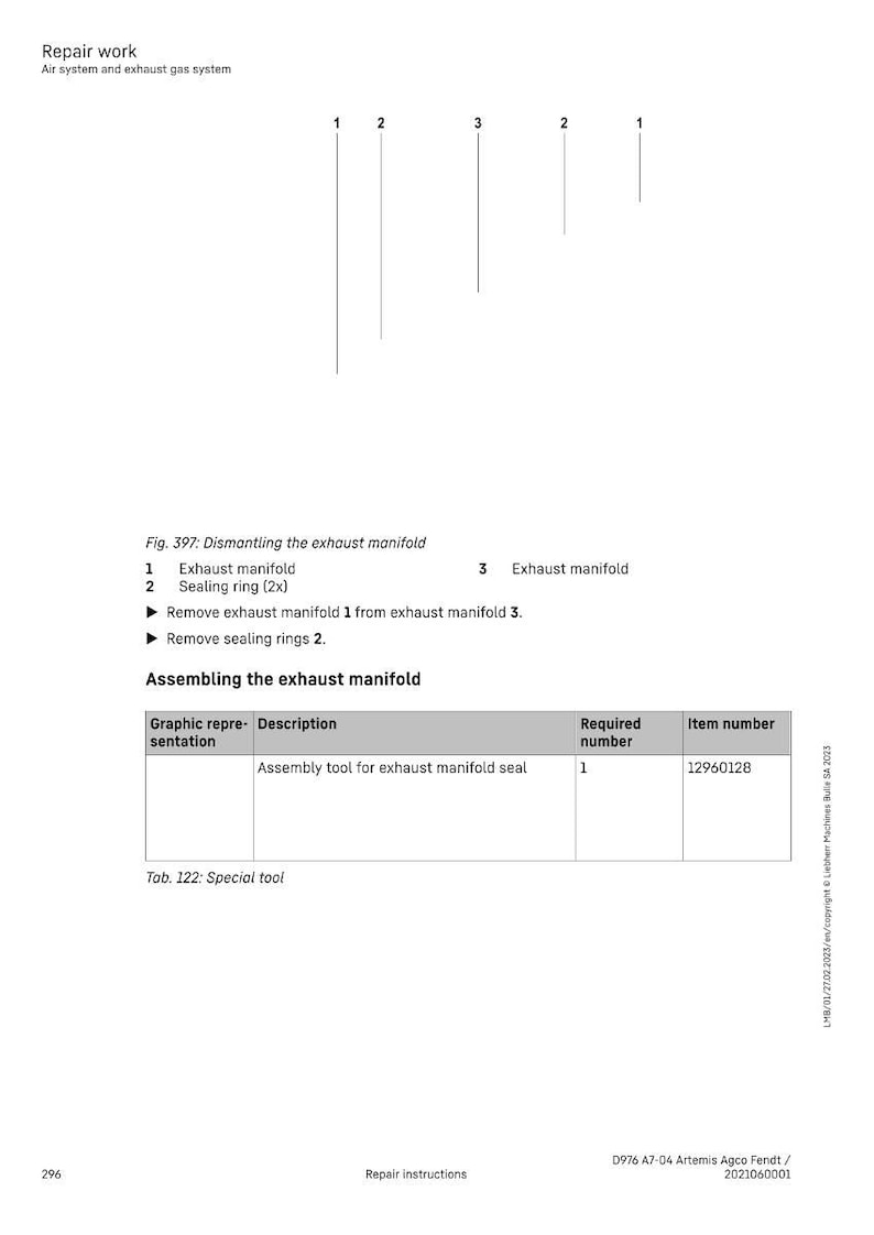 K&ouml;nnte beinhalten: Technische Zeichnung zur Reparatur des Abgaskr&uuml;mmers. Das Bild zeigt Teilenummern, Montageanweisungen und eine Tabelle mit Details zum Montagewerkzeug f&uuml;r die Abgaskr&uuml;mmerdichtung und deren Artikelnummer.