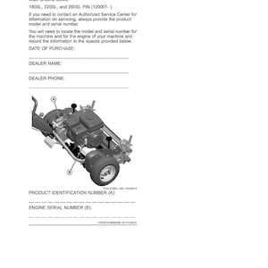 May include: Product identification document for a Walk Greens Mower. Includes model numbers 180SL, 220SL, and 260SL. Provides spaces to record the date of purchase, dealer name, and dealer phone. Also shows a diagram of the mower with labeled parts.