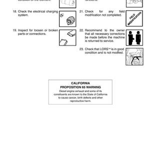 May include: A service manual page with diagrams and instructions for equipment maintenance. Includes warnings about diesel engine exhaust and Proposition 65. Features numbered steps for inspection and operation.