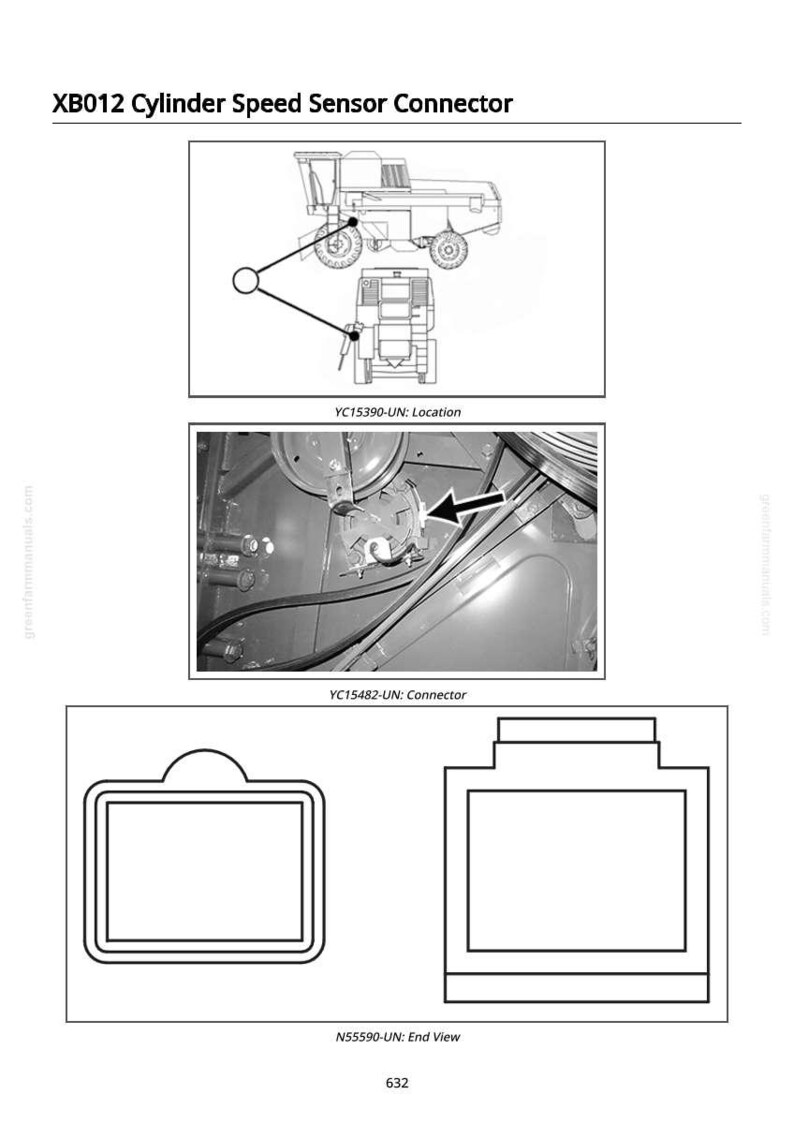 K&ouml;nnte beinhalten: Diagramm eines Zylinder-Drehzahlsensor-Anschlusses mit Abbildungen, die die Position und die Endansicht zeigen. Der Text "XB012 Cylinder Speed Sensor Connector" steht oben. Enth&auml;lt den Text "YC15390-UN: Location", "YC15482-UN: Connector" und "N55590-UN: End View".