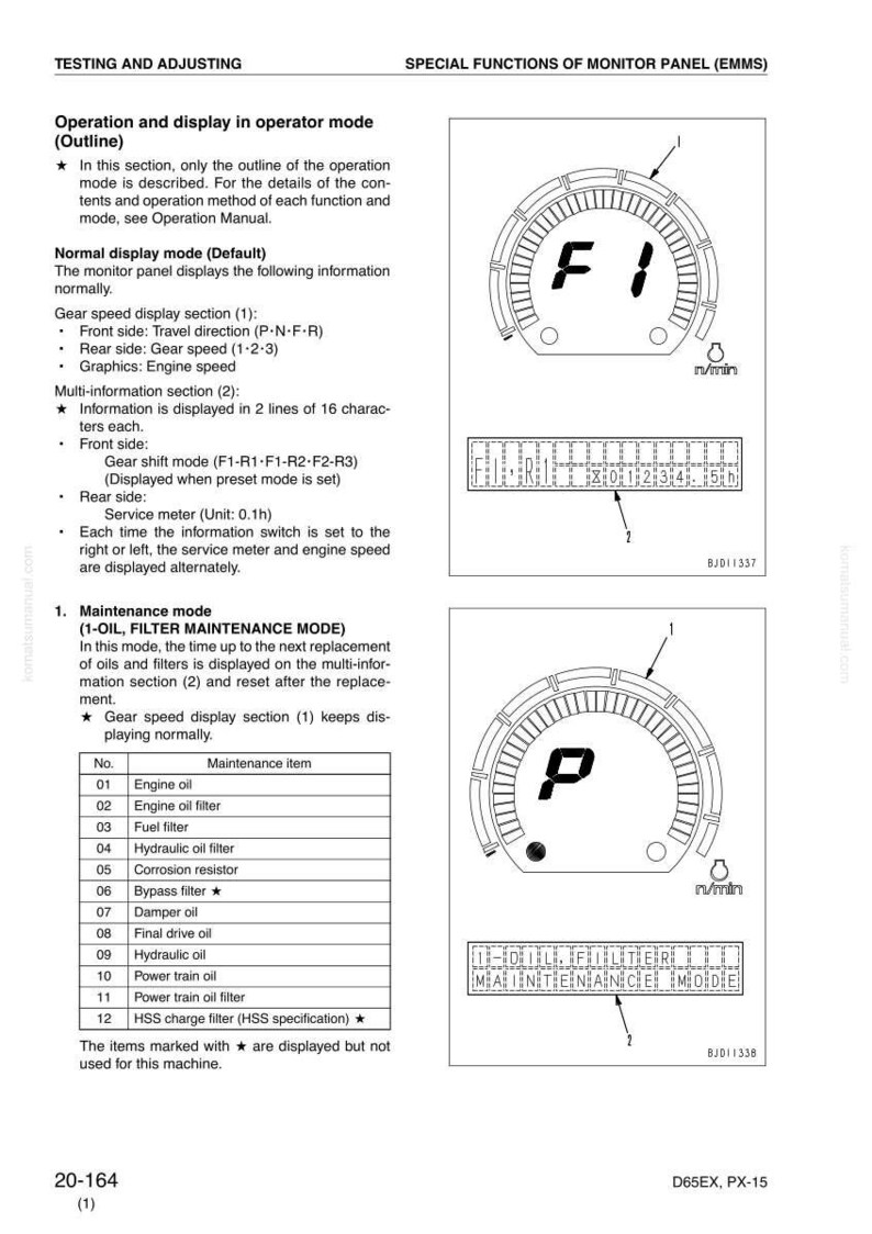 K&ouml;nnte beinhalten: Diagramm eines Monitorpanels mit Digitalanzeigen und Text. Das Panel zeigt Messwerte f&uuml;r die Ganggeschwindigkeit, die Motordrehzahl und Wartungselemente an. Der Text enth&auml;lt "Testing and Adjusting" und "Maintenance Mode."