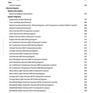 May include: A page from a manual with a table of contents. The text includes "Diagnostic Information," "Electrical System," and "System Diagrams." Page numbers are listed on the right side of the page.