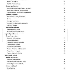 May include: A page from a manual with a table of contents. The text includes sections on engine repair, fuels, lubricants, and machine specifications. The page number is 3.