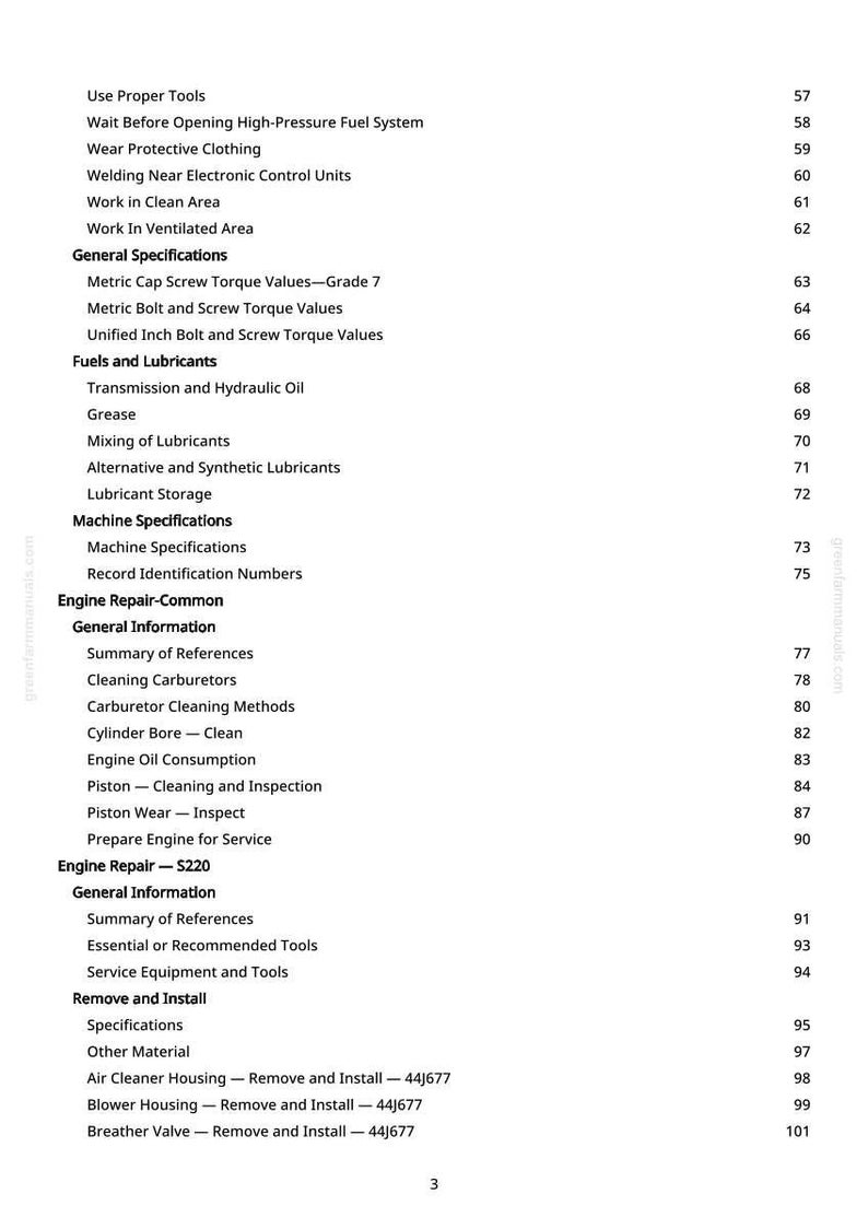 May include: A page from a manual with a table of contents. The text includes sections on engine repair, fuels, lubricants, and machine specifications. The page number is 3.