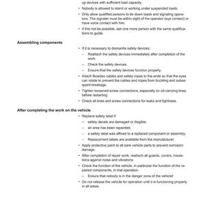 May include: A safety manual page with the title "Safety" and "1.2 Safety and accident prevention regulations". The page includes instructions for lifting loads, assembling components, and completing work on a vehicle. The Weidemann logo is in the top right corner.