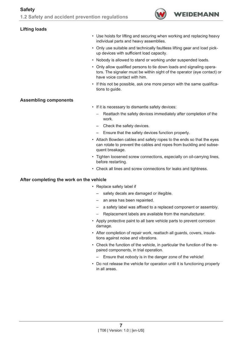 May include: A safety manual page with the title "Safety" and "1.2 Safety and accident prevention regulations". The page includes instructions for lifting loads, assembling components, and completing work on a vehicle. The Weidemann logo is in the top right corner.