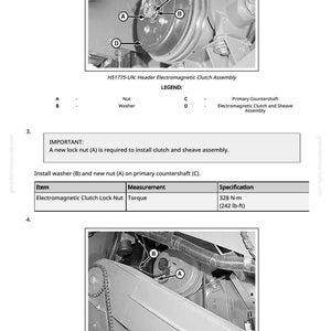 Puede incluir: Diagrama t&eacute;cnico de un conjunto de embrague electromagn&eacute;tico con etiquetas para tuerca, arandela y eje principal. La imagen incluye una especificaci&oacute;n de par de 328 N&middot;m (242 lb-ft) para la tuerca de bloqueo del embrague electromagn&eacute;tico. El texto tambi&eacute;n incluye el texto "IMPORTANTE: Se requiere una nueva tuerca de bloqueo (A) para instalar el conjunto de embrague y polea."