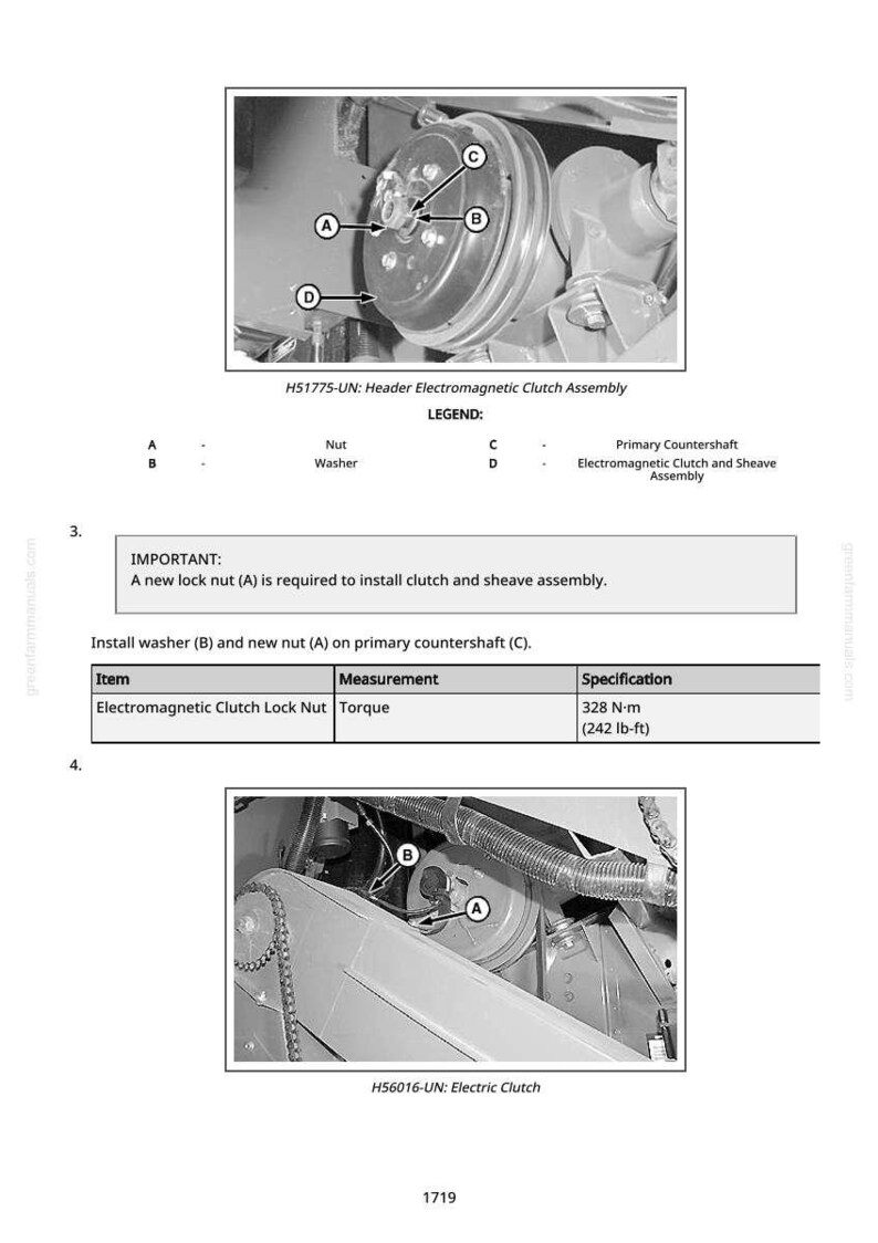 Puede incluir: Diagrama t&eacute;cnico de un conjunto de embrague electromagn&eacute;tico con etiquetas para tuerca, arandela y eje principal. La imagen incluye una especificaci&oacute;n de par de 328 N&middot;m (242 lb-ft) para la tuerca de bloqueo del embrague electromagn&eacute;tico. El texto tambi&eacute;n incluye el texto "IMPORTANTE: Se requiere una nueva tuerca de bloqueo (A) para instalar el conjunto de embrague y polea."